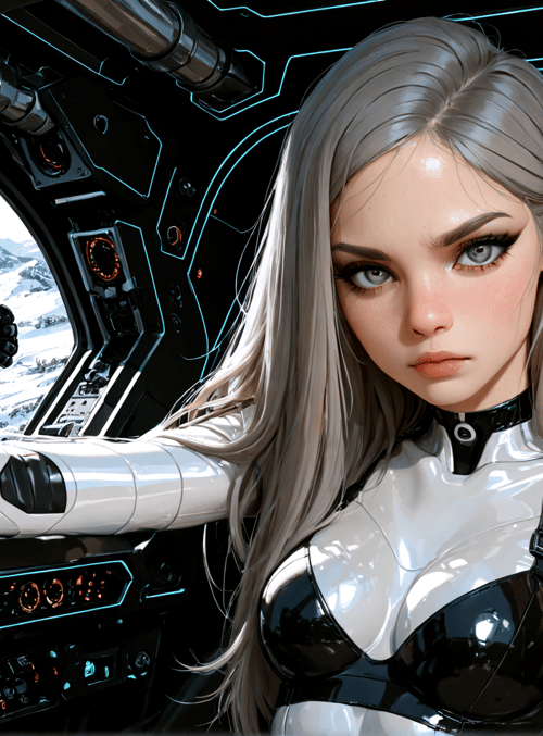 woman, robot, spaceship, cockpit, mountains, cyborg