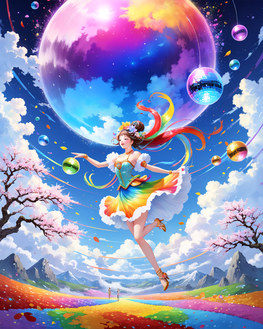 AI generated wallpaper featuring girl, disco balls, cherry blossoms, rainbow, clouds, mountains, sunset, dancing, sky, flowers