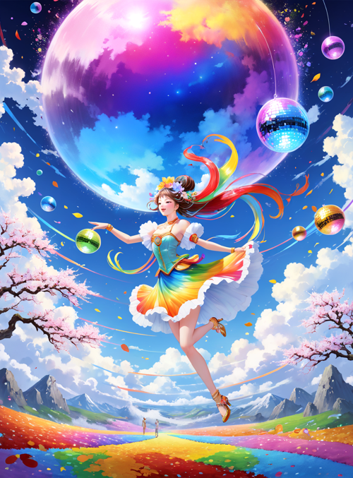 girl, disco balls, cherry blossoms, rainbow, clouds, mountains, sunset, dancing, sky, flowers