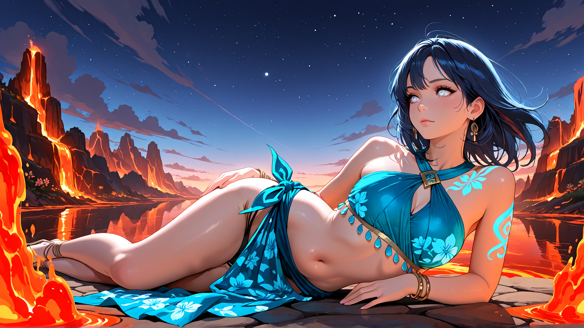 AI generated wallpaper featuring woman, volcano, night, stars, lake, flowers, earrings, bracelets, hair, sky