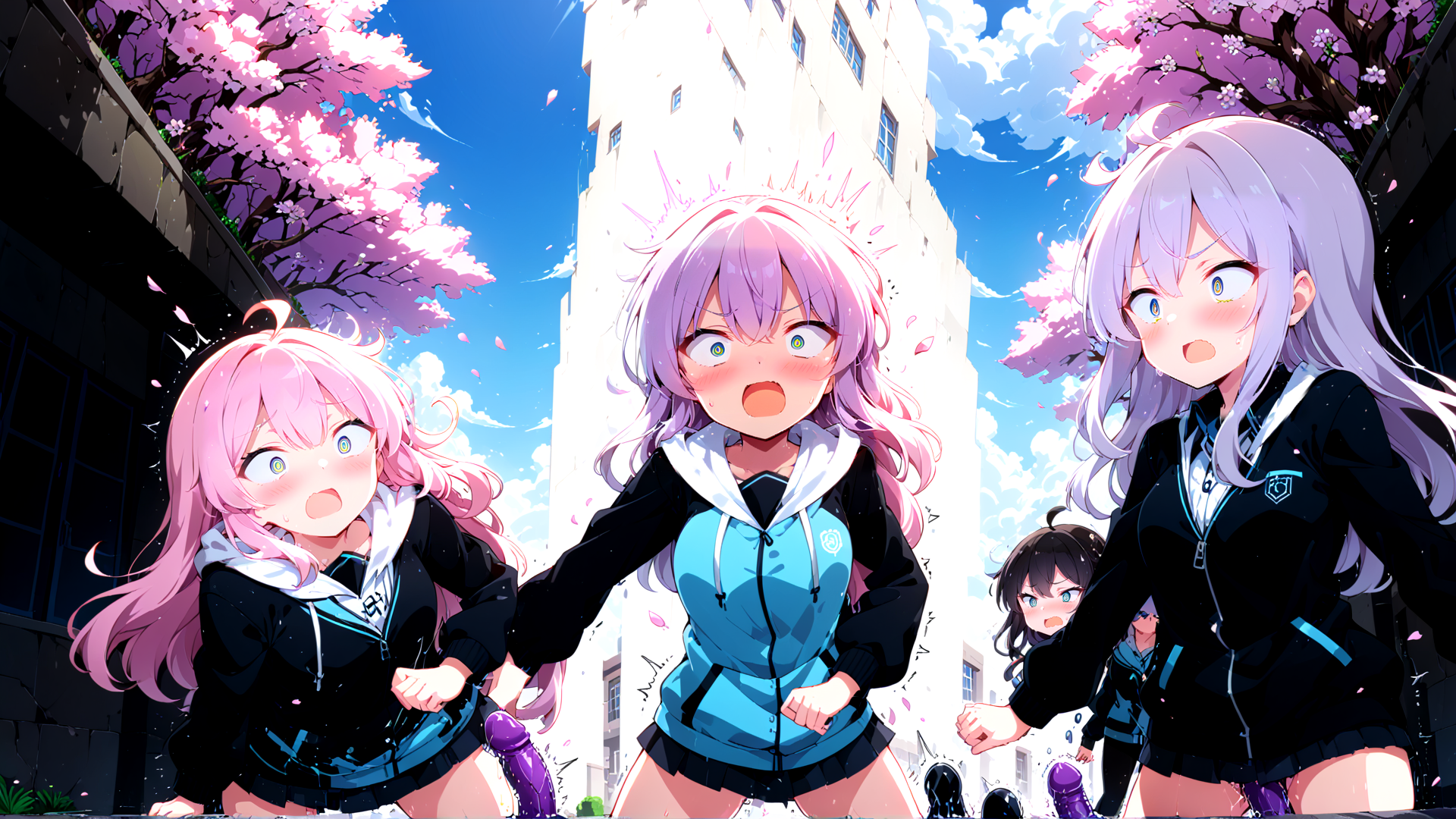 AI generated wallpaper featuring girls, cherry blossoms, school uniforms
