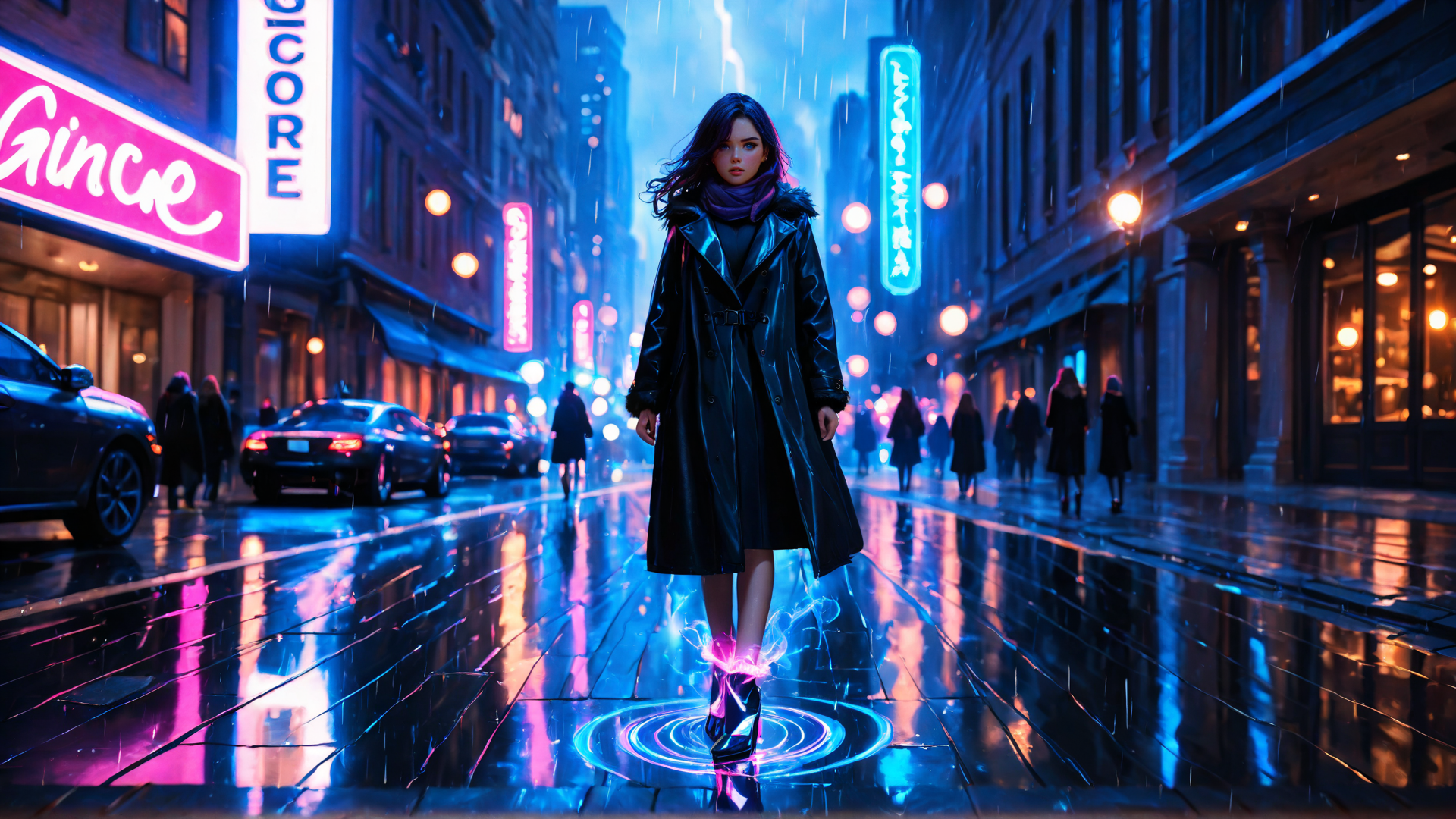 AI generated wallpaper featuring woman, city, neon