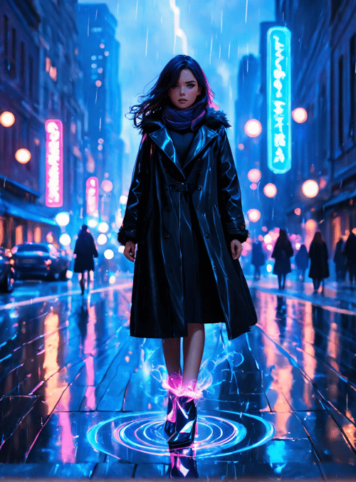 woman, city, neon