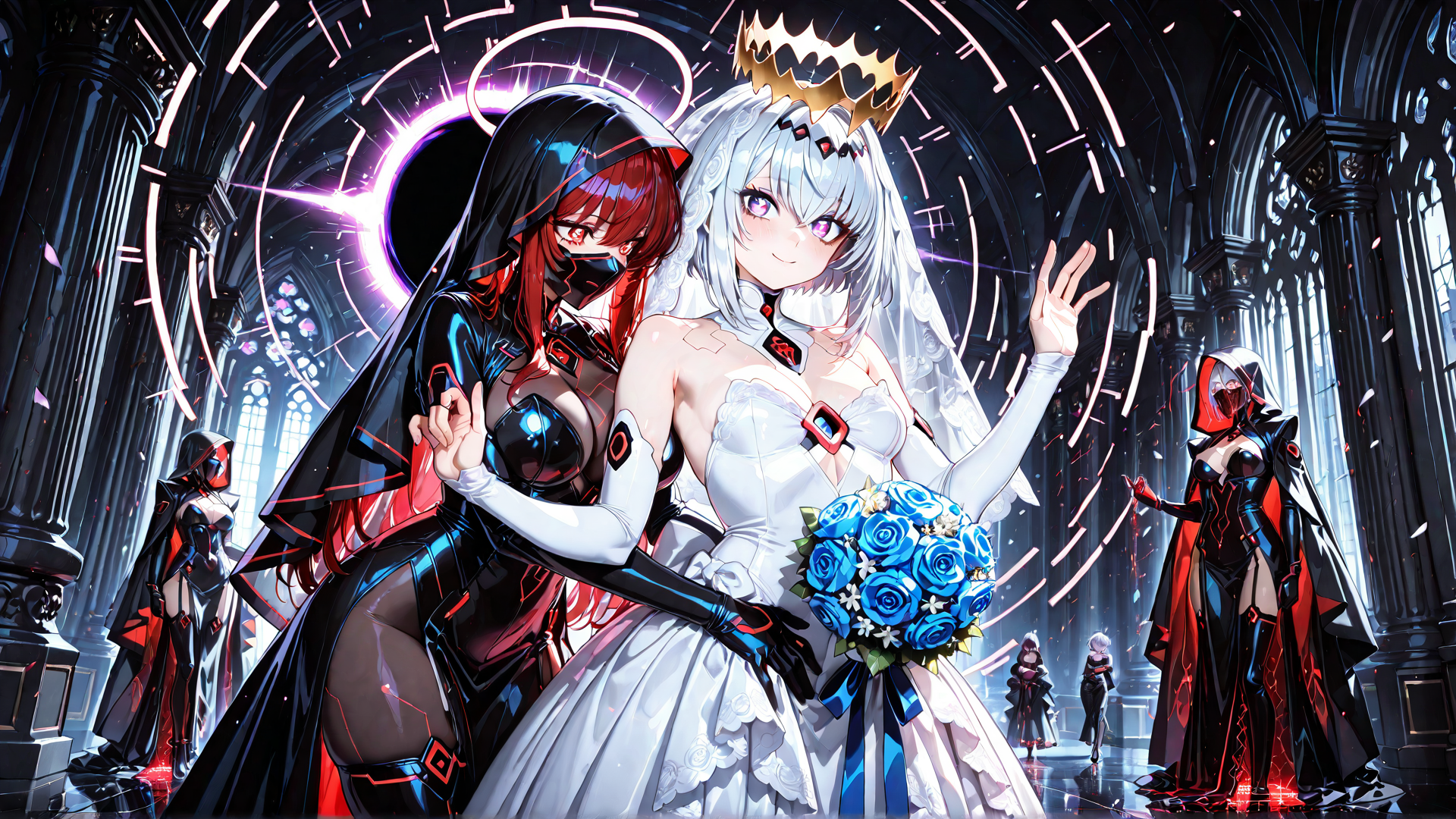 AI generated wallpaper featuring anime, bride, cyberpunk