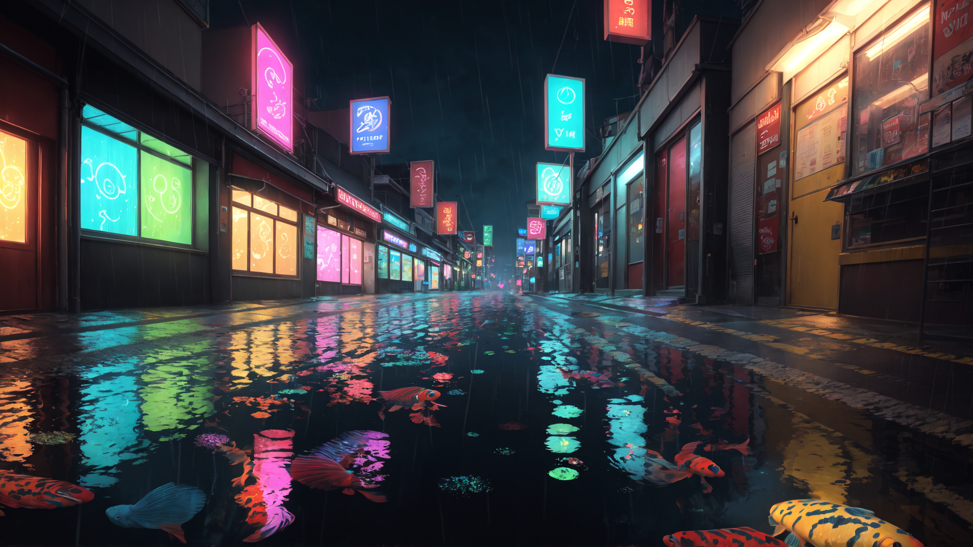 AI generated wallpaper featuring street, fish, neon, signs, rain, buildings, reflection, koi, water, city