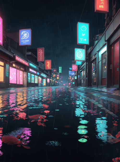 street, fish, neon, signs, rain, buildings, reflection, koi, water, city