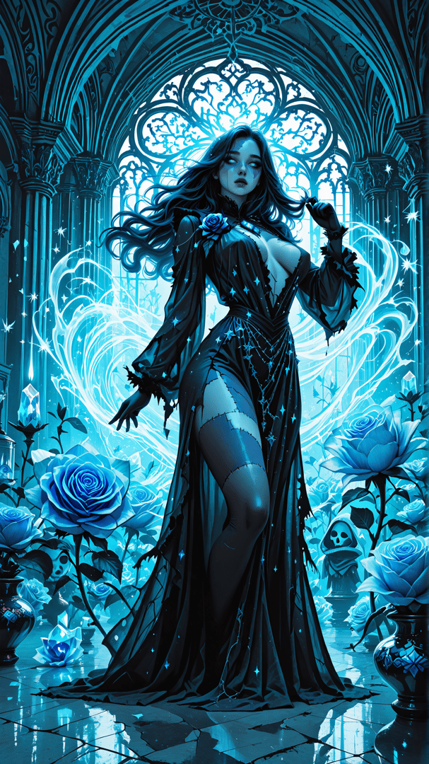 AI generated wallpaper featuring woman, roses, gown, castle, skeleton, crystals, magic, gothic, stars, veil