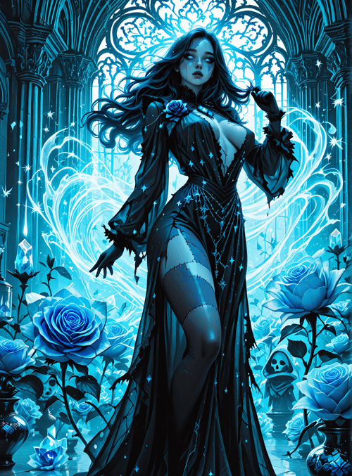 woman, roses, gown, castle, skeleton, crystals, magic, gothic, stars, veil