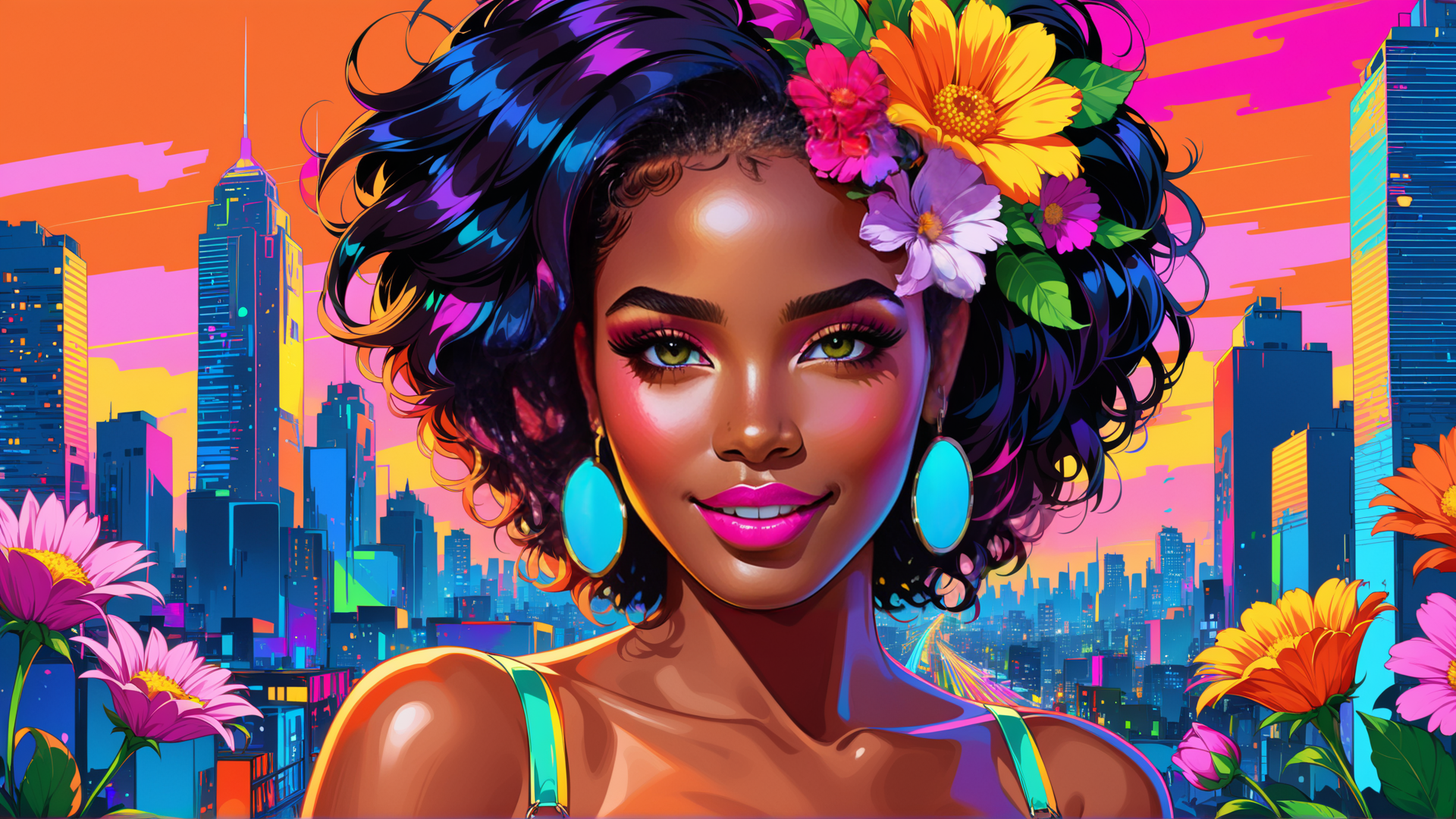 AI generated wallpaper featuring woman, cityscape, flowers