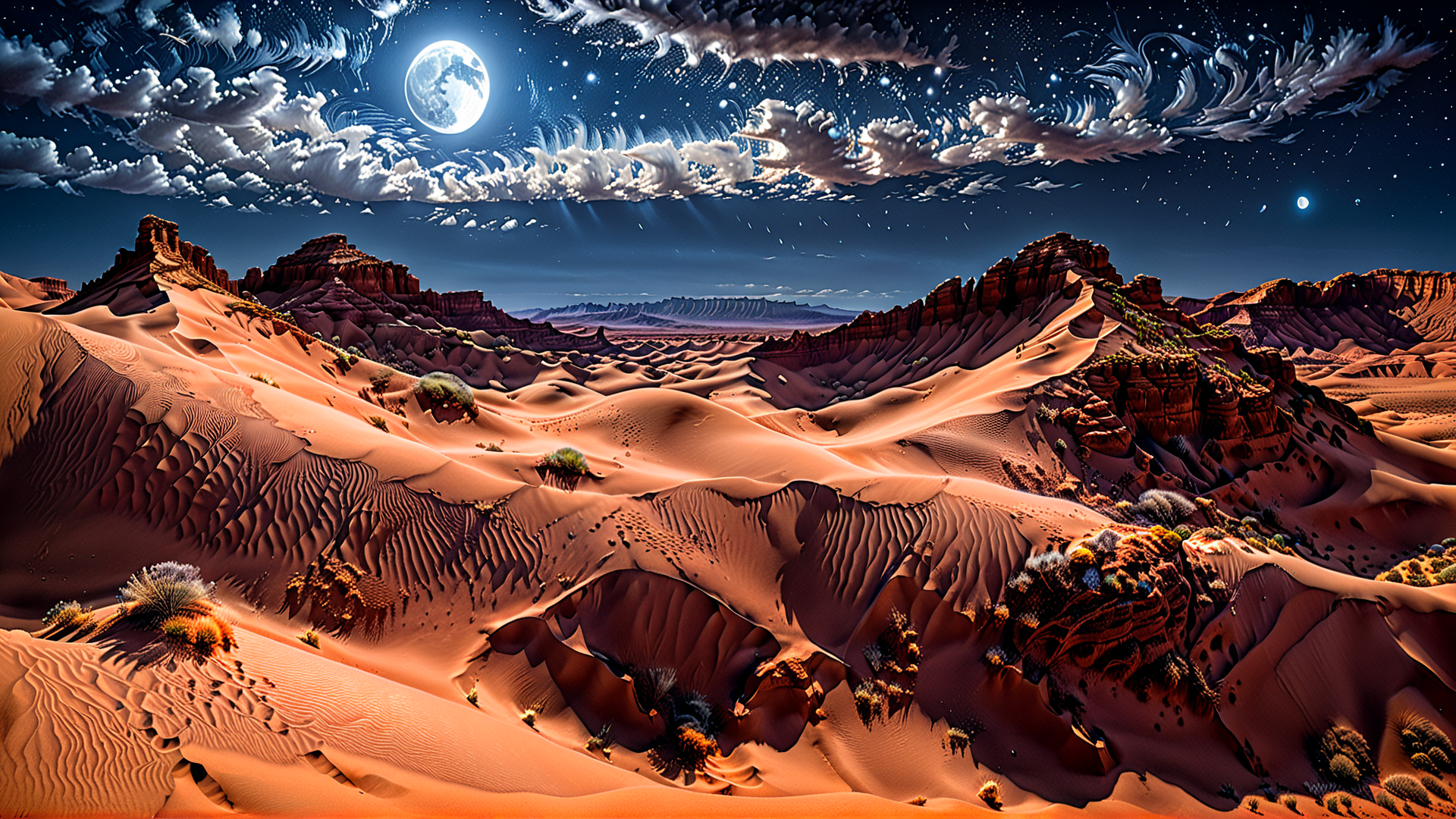 AI generated wallpaper featuring desert, moon, sand dunes