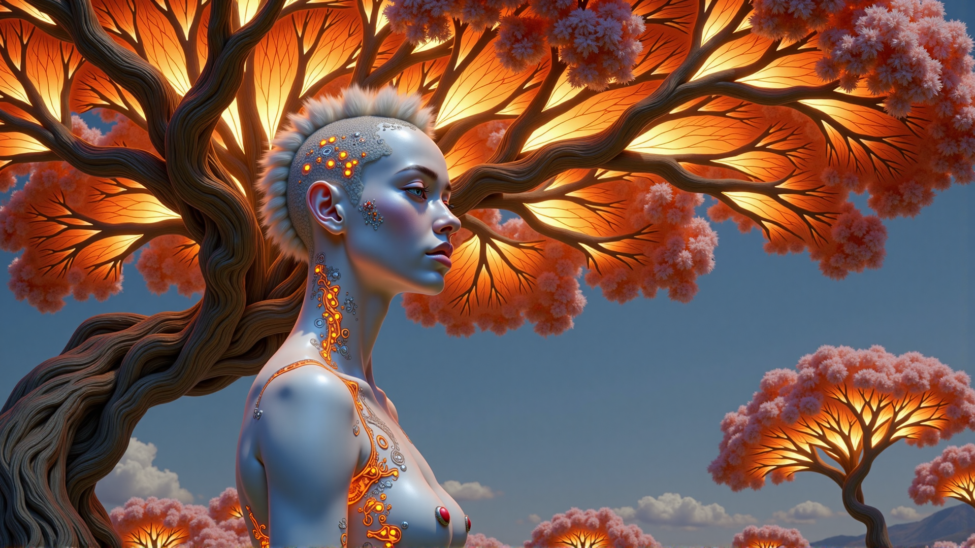 AI generated wallpaper featuring tree, woman, futuristic, nature