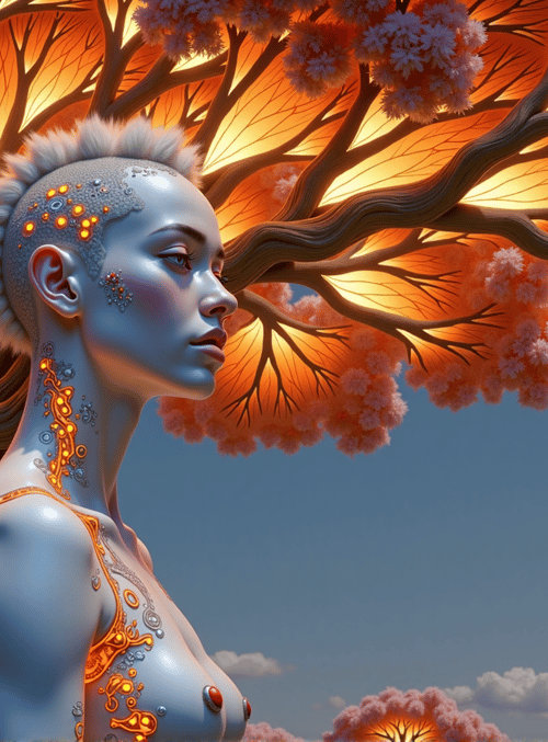 tree, woman, futuristic, nature