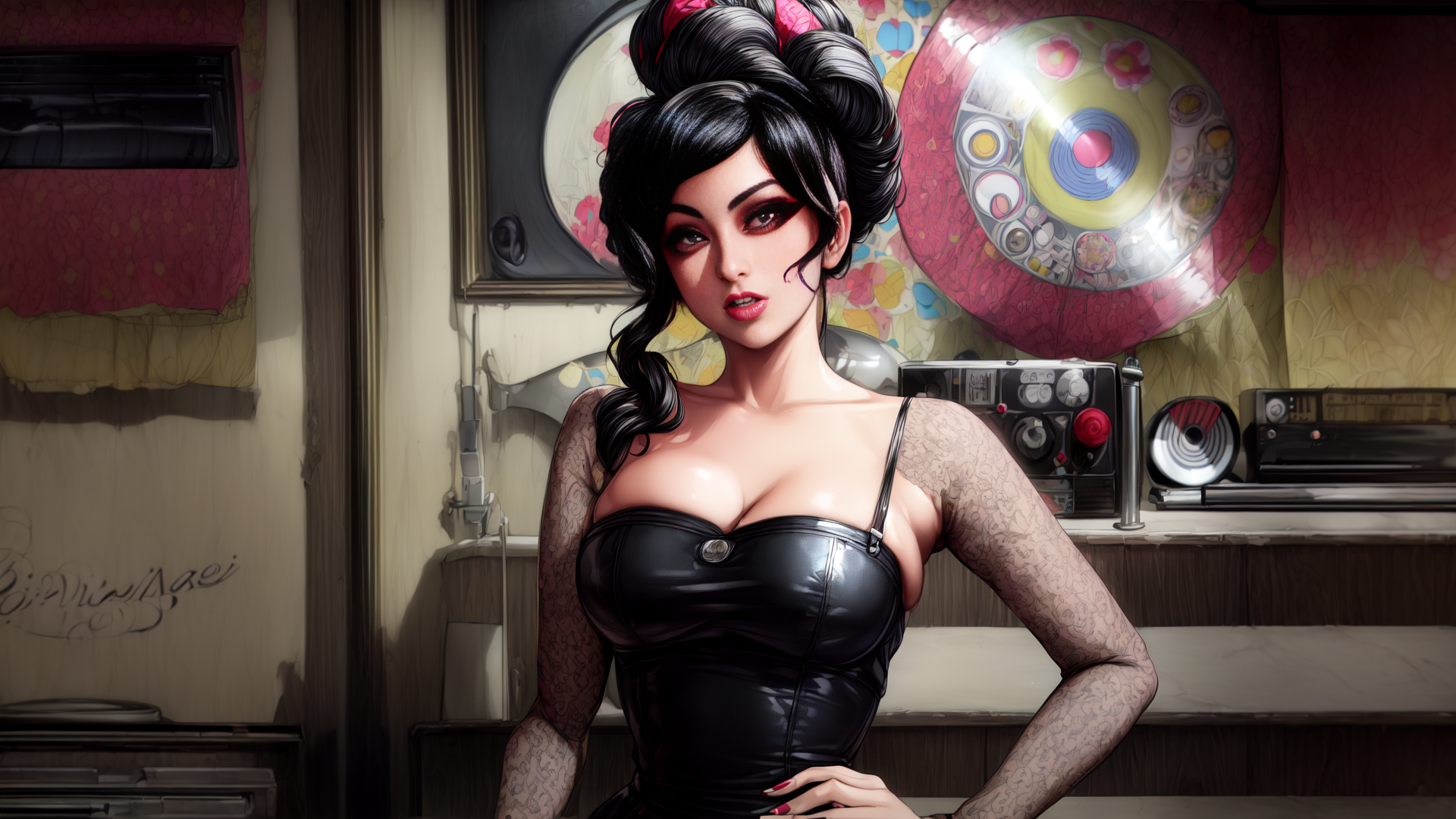 AI generated wallpaper featuring woman, vintage, tattoo