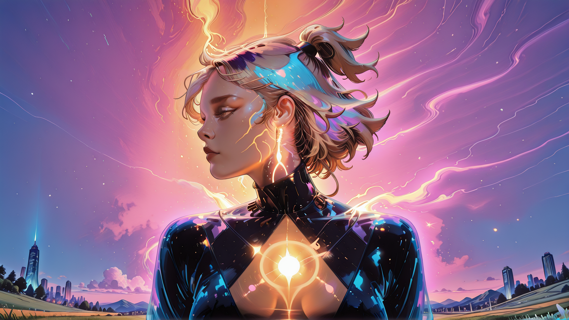 AI generated wallpaper featuring woman, cyborg, lightning, cityscape, sunset