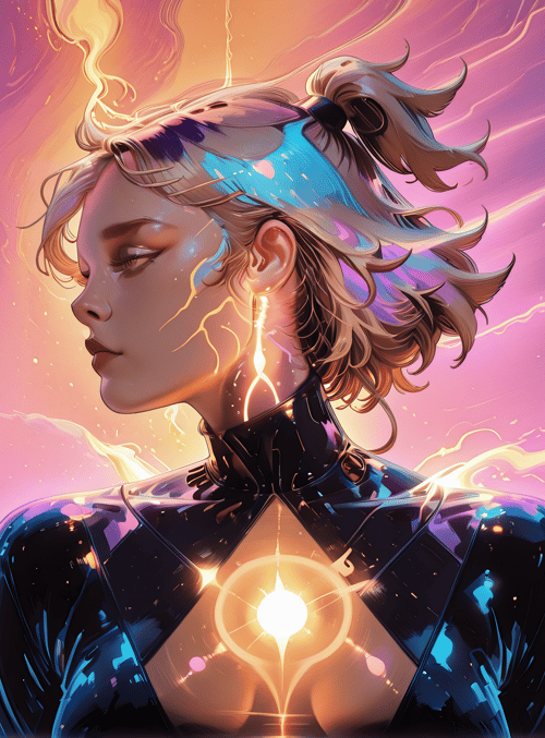 woman, cyborg, lightning, cityscape, sunset