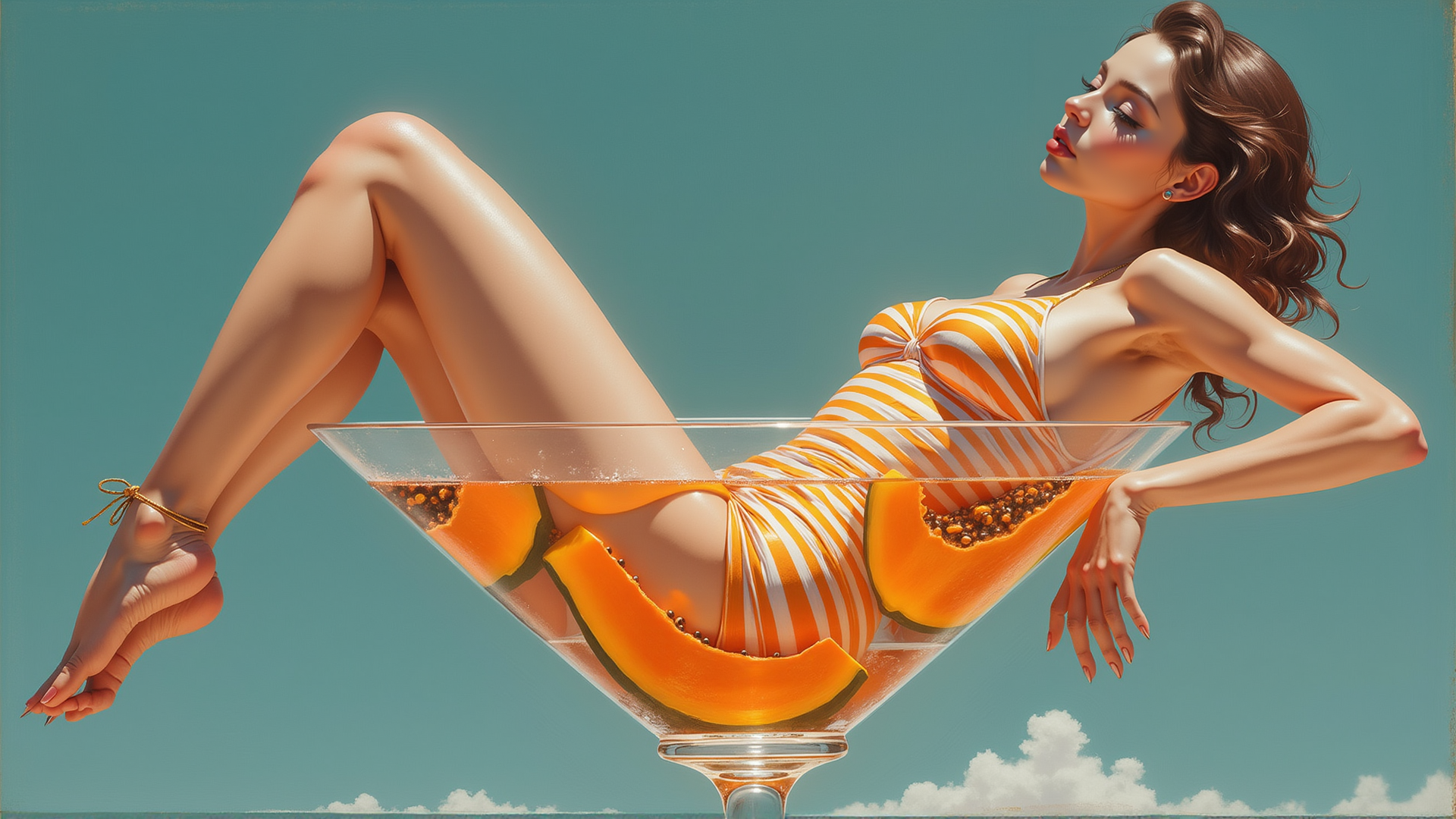 AI generated wallpaper featuring woman, cocktail glass, papaya, swimsuit, sandals