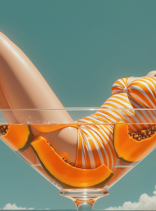 woman, cocktail glass, papaya, swimsuit, sandals