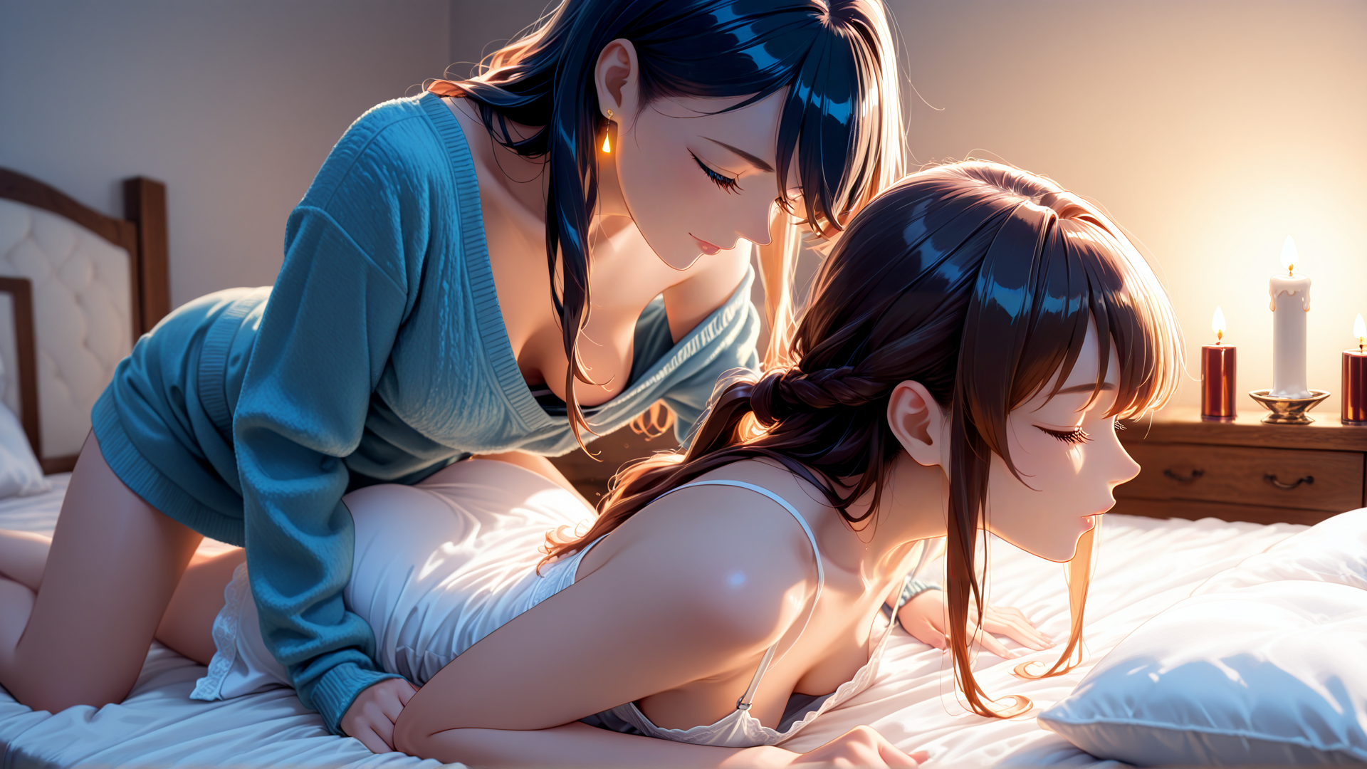 AI generated wallpaper featuring women, bedroom, candles