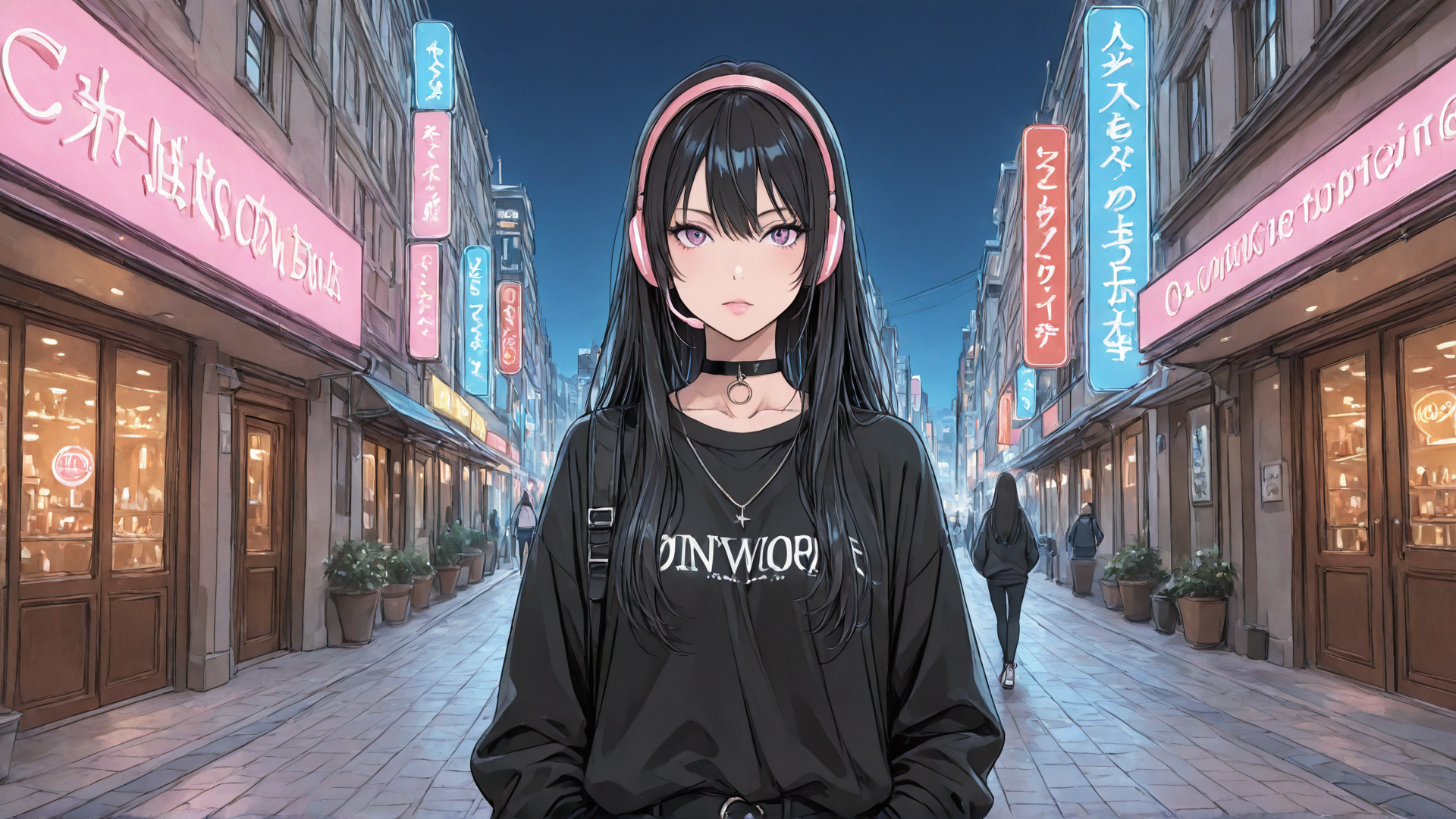 AI generated wallpaper featuring girl, street, headphones, store, sign, choker, necklace, sweater, plants, buildings
