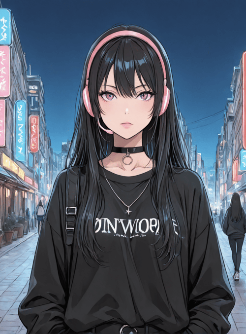 girl, street, headphones, store, sign, choker, necklace, sweater, plants, buildings