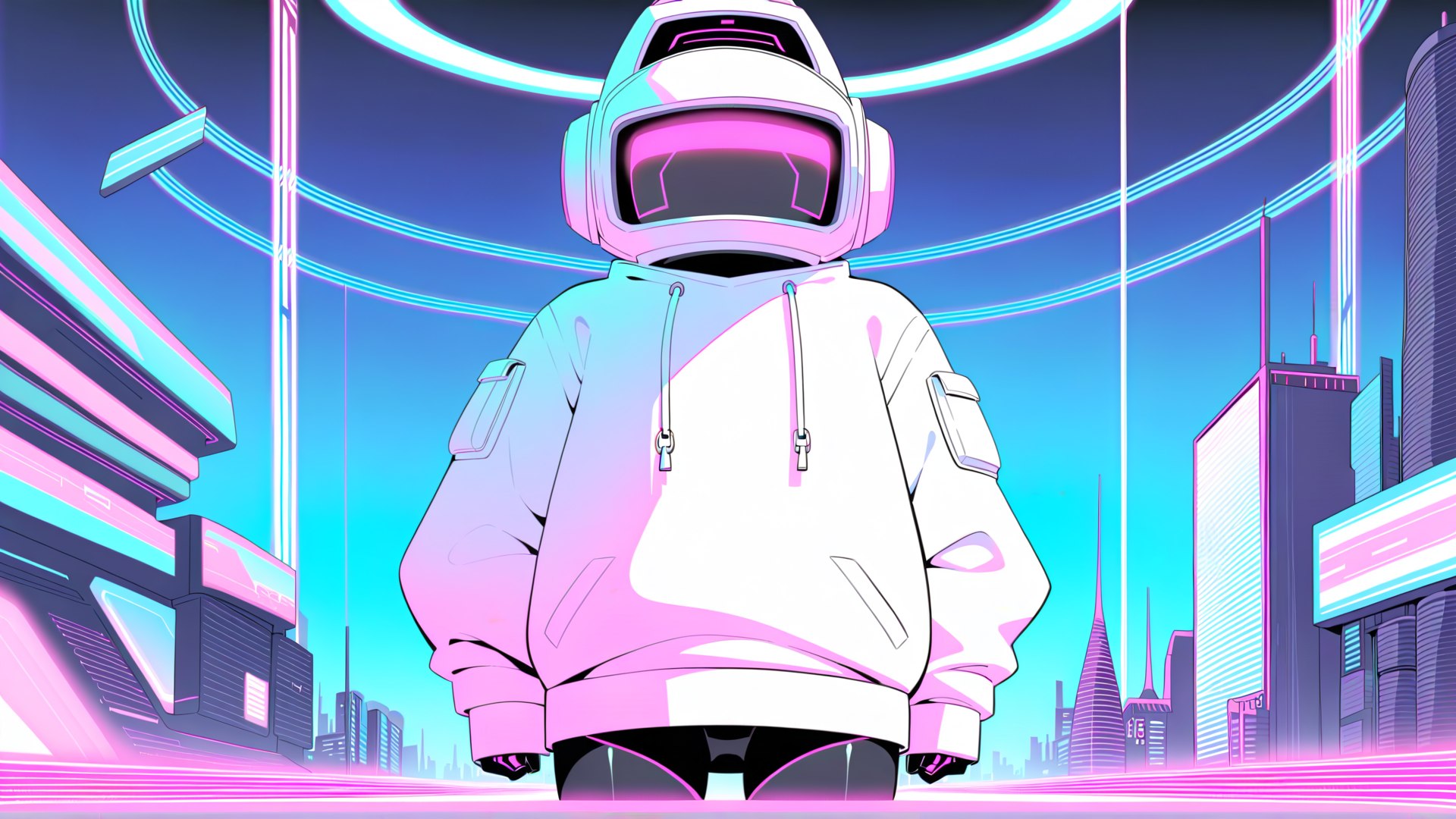 AI generated wallpaper featuring robot, spacesuit, city