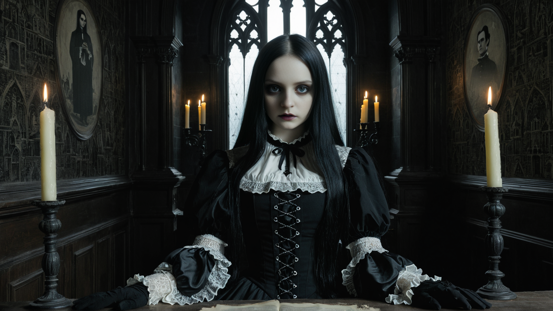 AI generated wallpaper featuring woman, gothic, candle