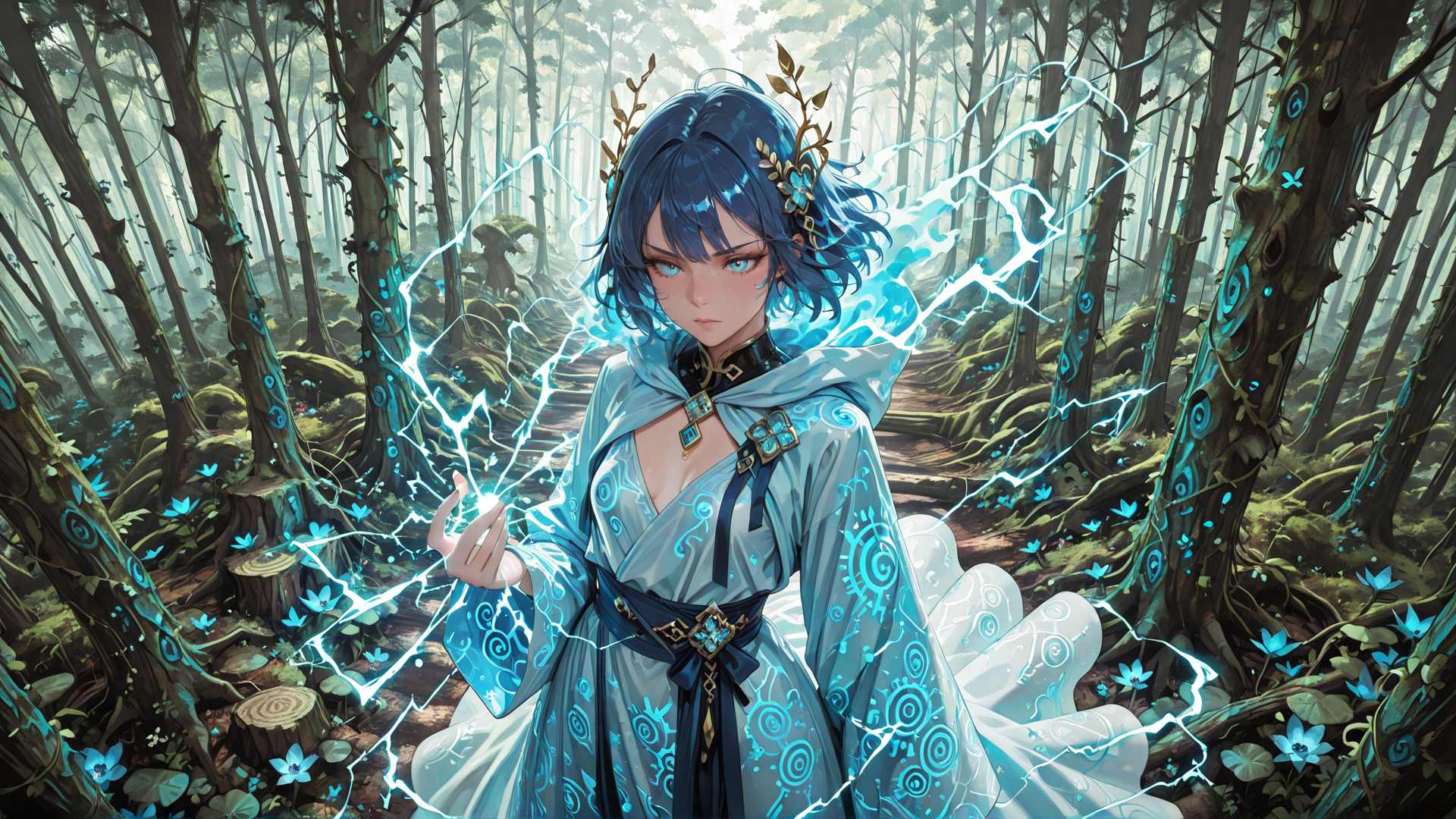 AI generated wallpaper featuring girl, forest, magic, lightning, flower, tree, dress, fairy, spirit, nature