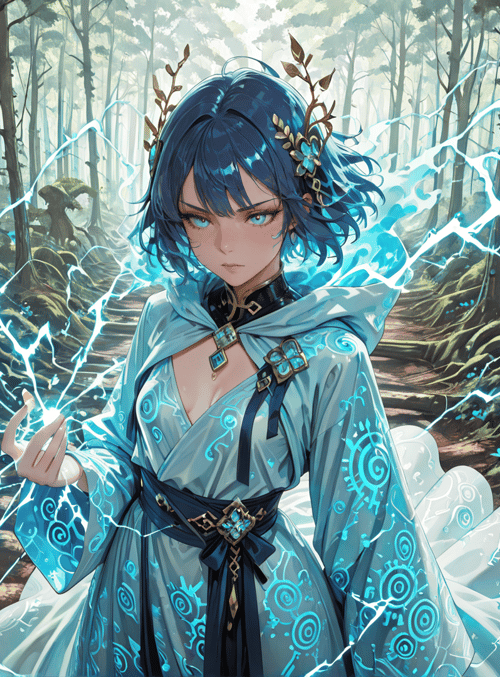 girl, forest, magic, lightning, flower, tree, dress, fairy, spirit, nature