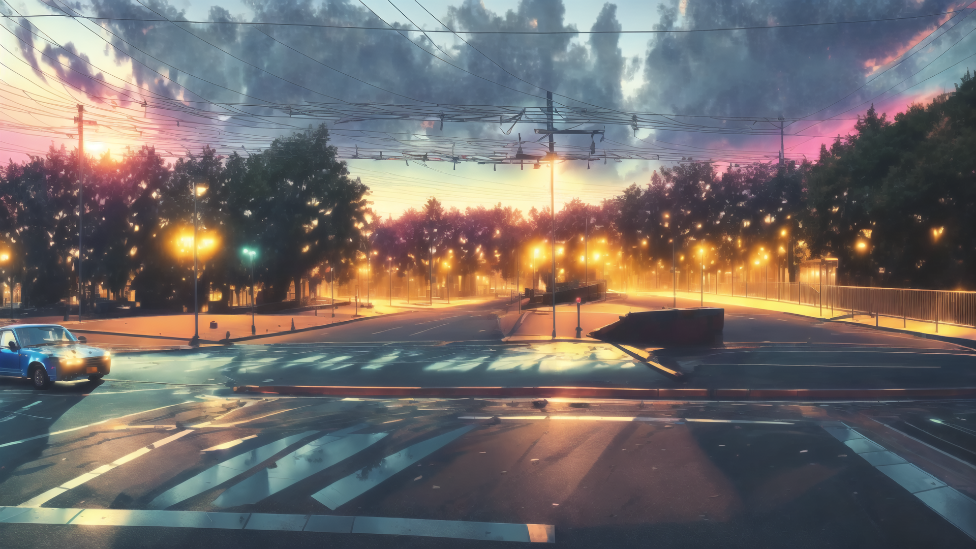 AI generated wallpaper featuring street, car, trees, power lines, streetlights, sky, crosswalk, road, clouds, sun