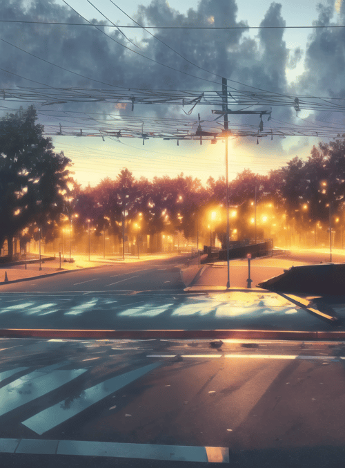 street, car, trees, power lines, streetlights, sky, crosswalk, road, clouds, sun