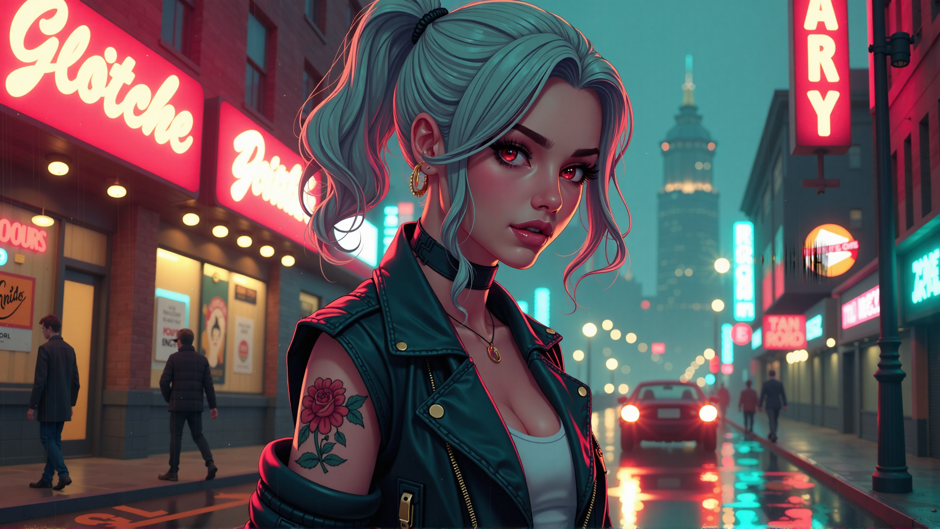 AI generated wallpaper featuring woman, tattoo, street, neon, city, car, buildings