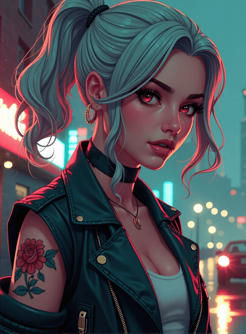 woman, tattoo, street, neon, city, car, buildings
