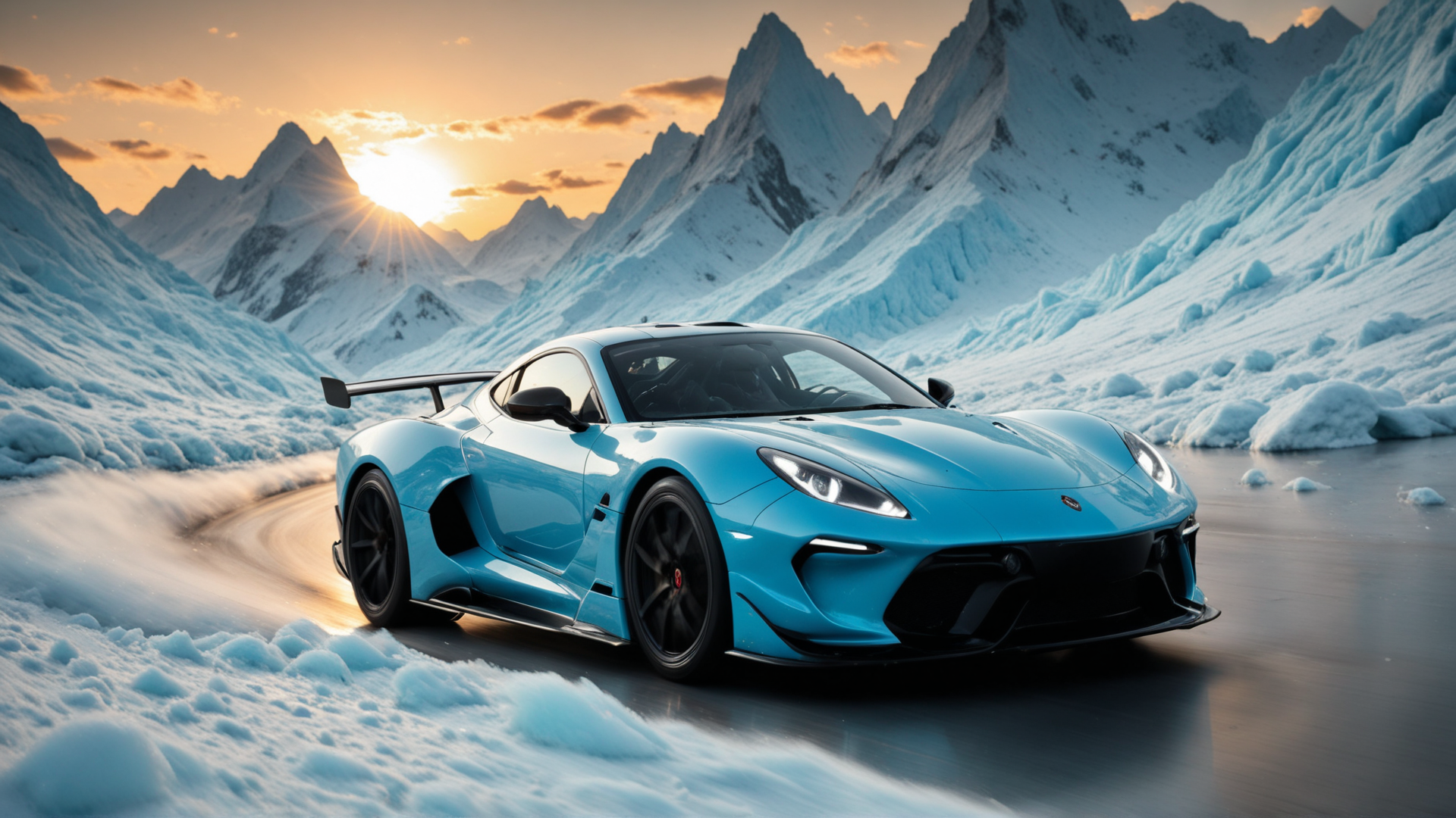 AI generated wallpaper featuring car, mountain, sun, ice, glacier, sunset, road, snow, sports car, frost