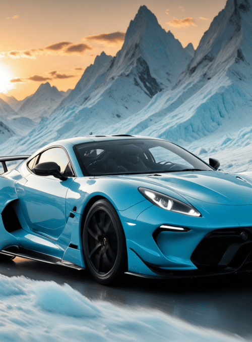 car, mountain, sun, ice, glacier, sunset, road, snow, sports car, frost
