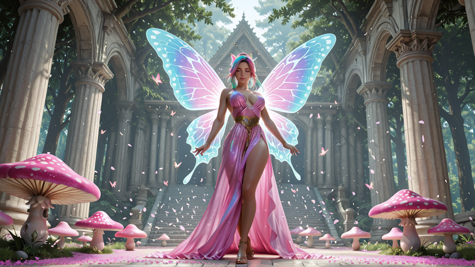 AI generated wallpaper featuring fairy, butterfly, mushroom, column, arch, stone, dress, butterfly wings, flower, staircase