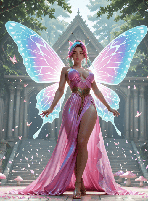 fairy, butterfly, mushroom, column, arch, stone, dress, butterfly wings, flower, staircase