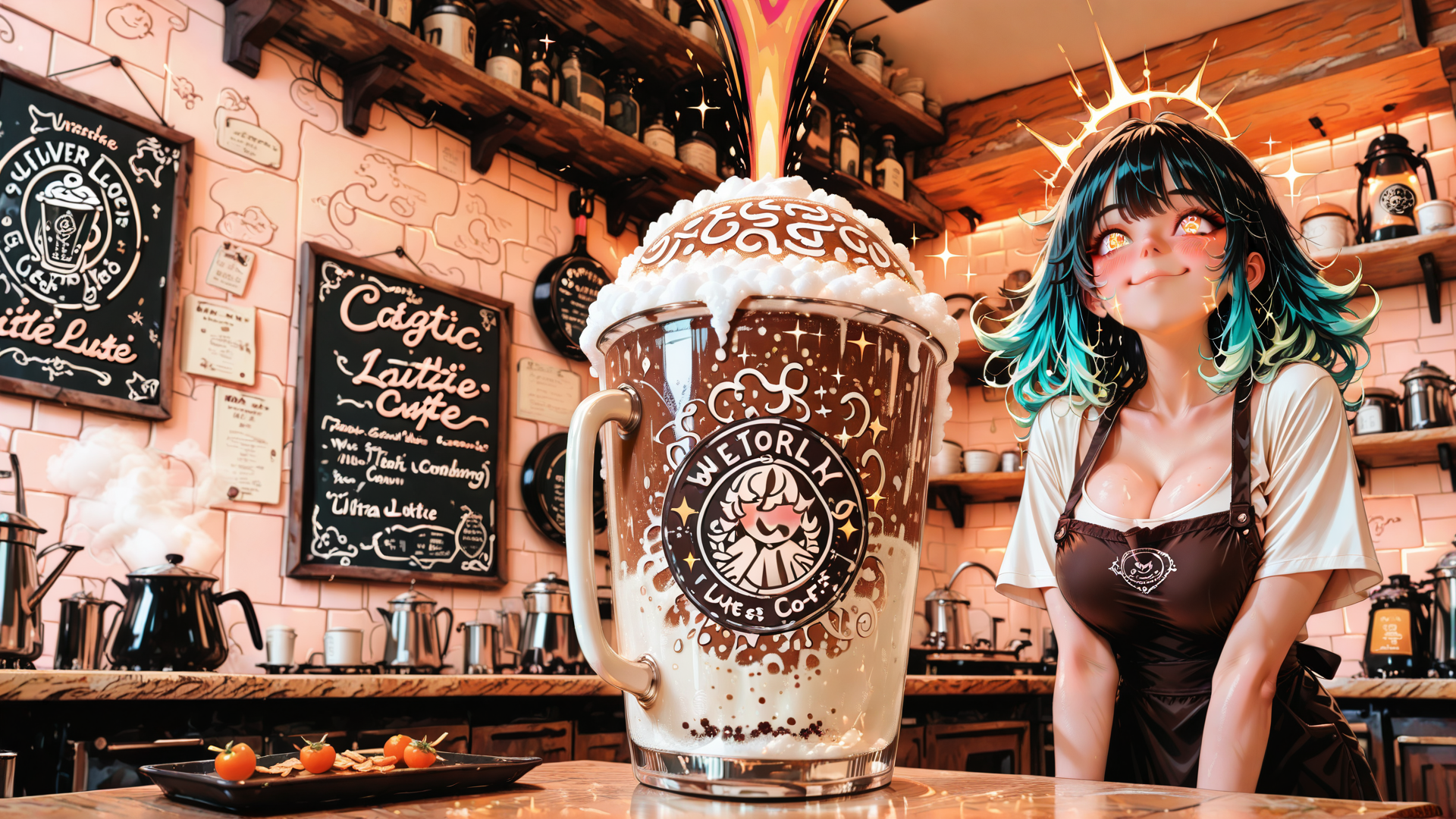 AI generated wallpaper featuring barista, coffee cup, cafe, apron, foam