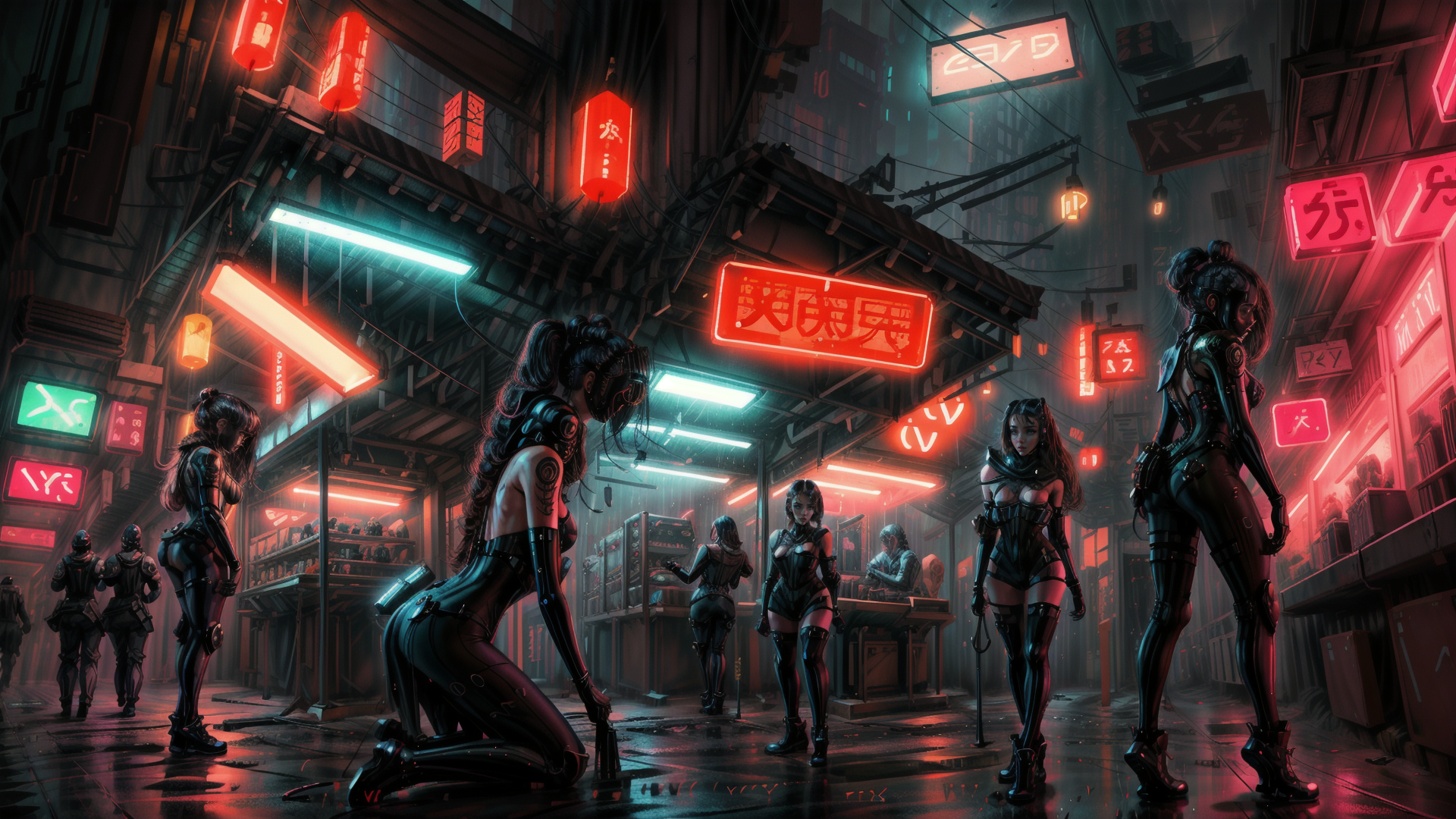 AI generated wallpaper featuring cyborg, neon, street