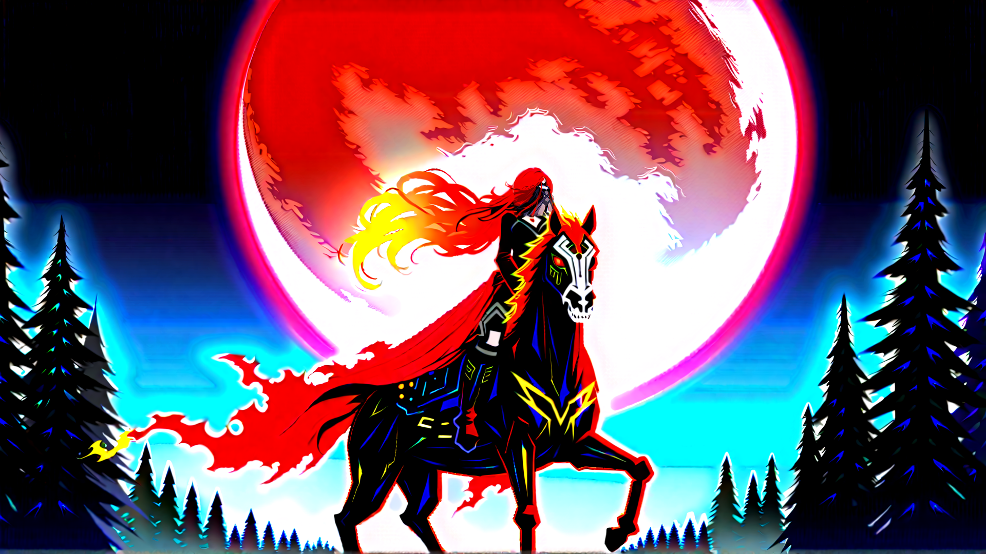 AI generated wallpaper featuring rider, horse, forest, moon, cape, mask, trees