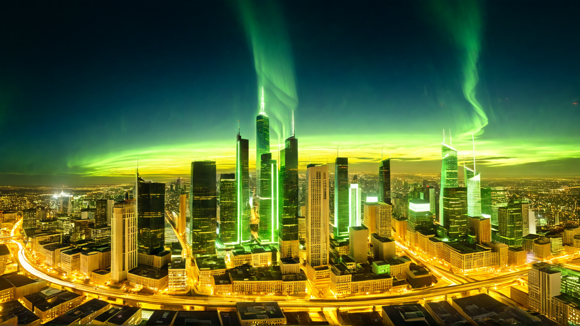 AI generated wallpaper featuring cityscape, aurora, skyscrapers