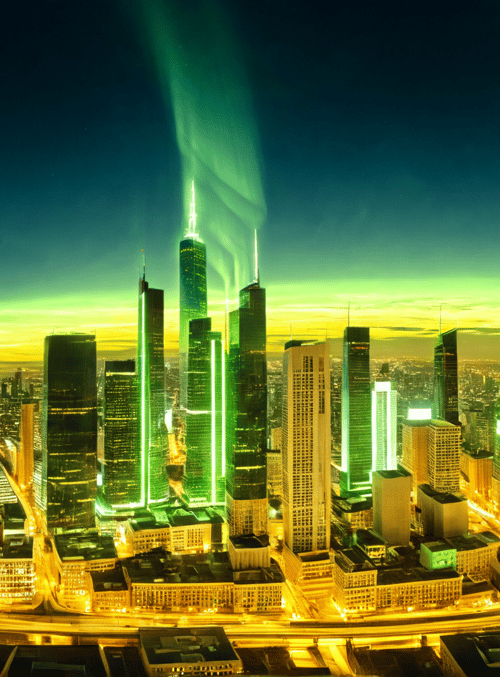 cityscape, aurora, skyscrapers