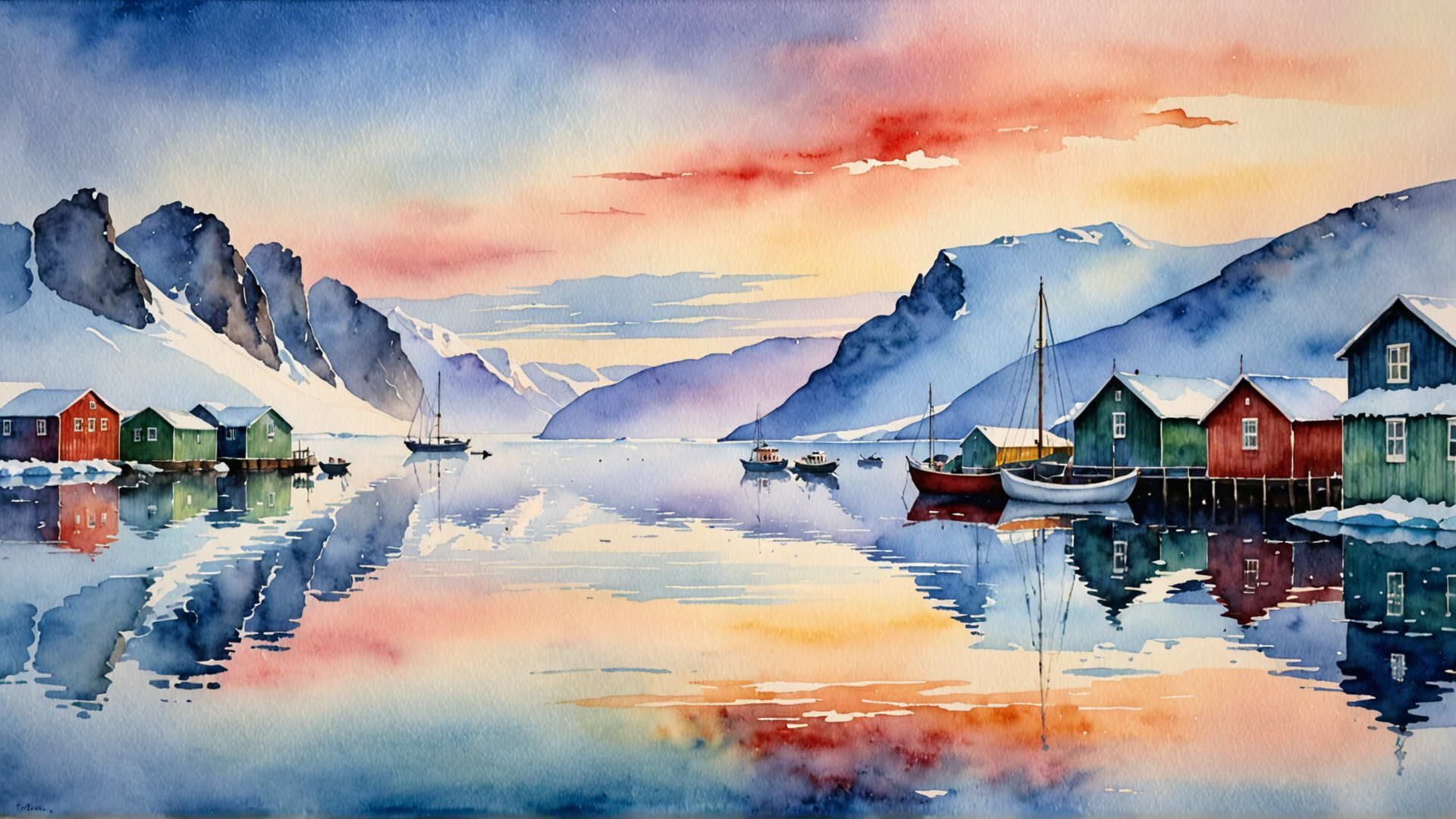 AI generated wallpaper featuring houses, boats, mountains, water, sky, snow