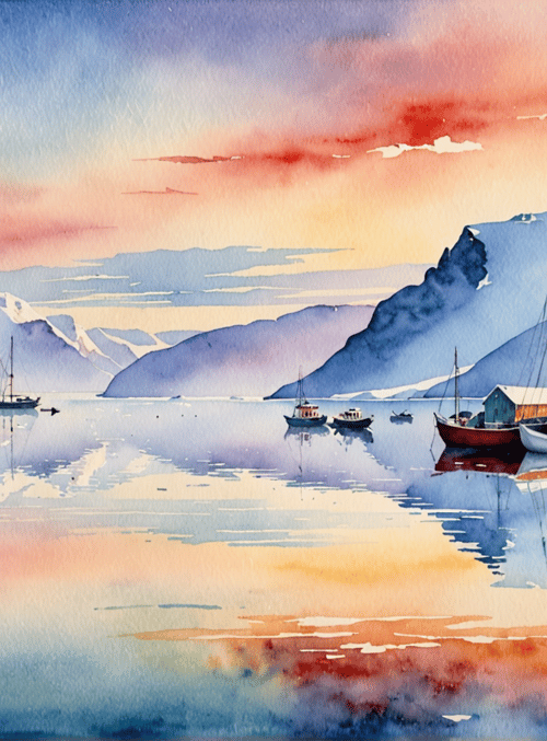 houses, boats, mountains, water, sky, snow