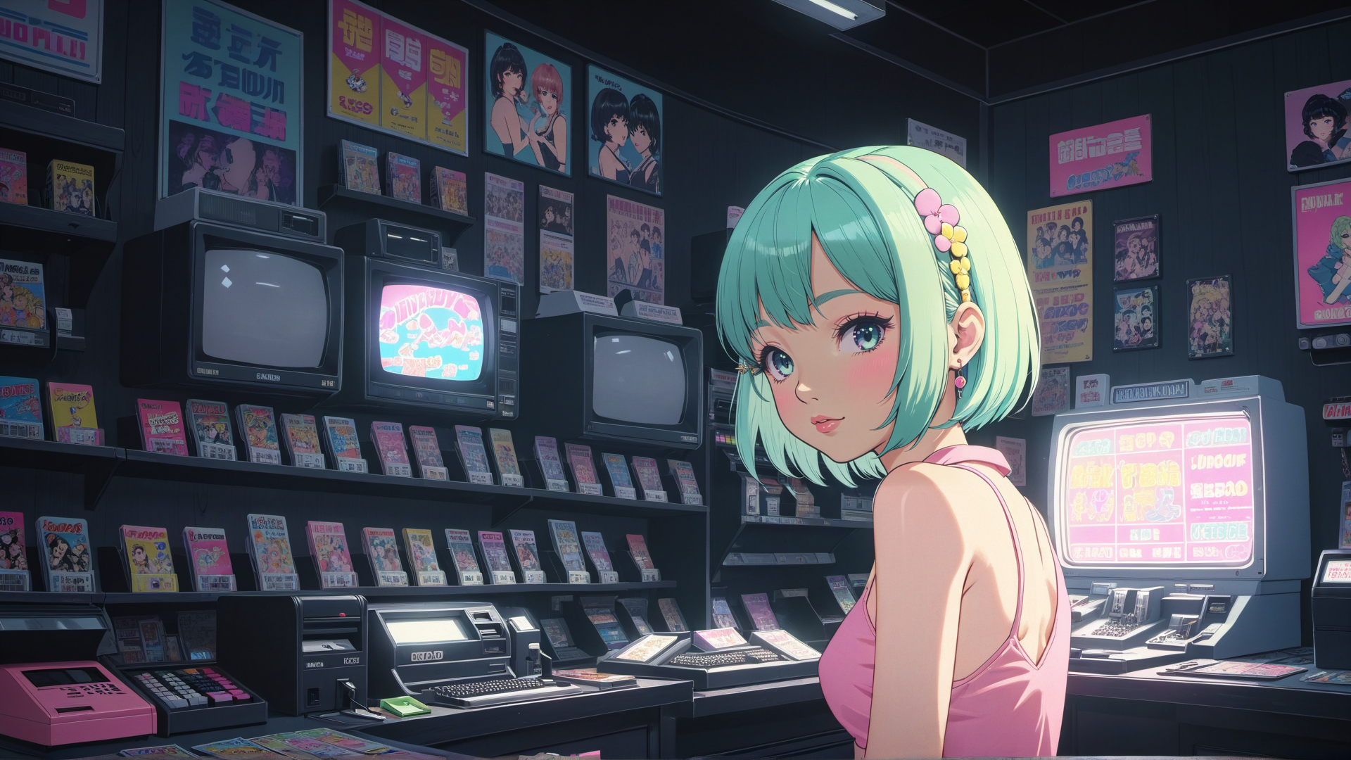 AI generated wallpaper featuring anime girl, retro store, magazines