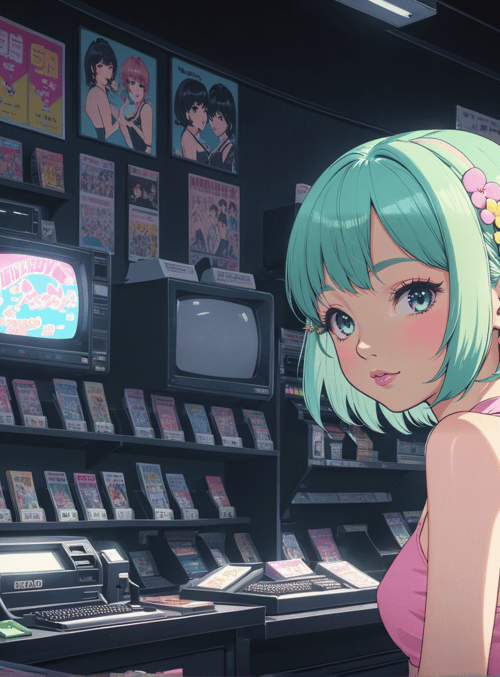 anime girl, retro store, magazines