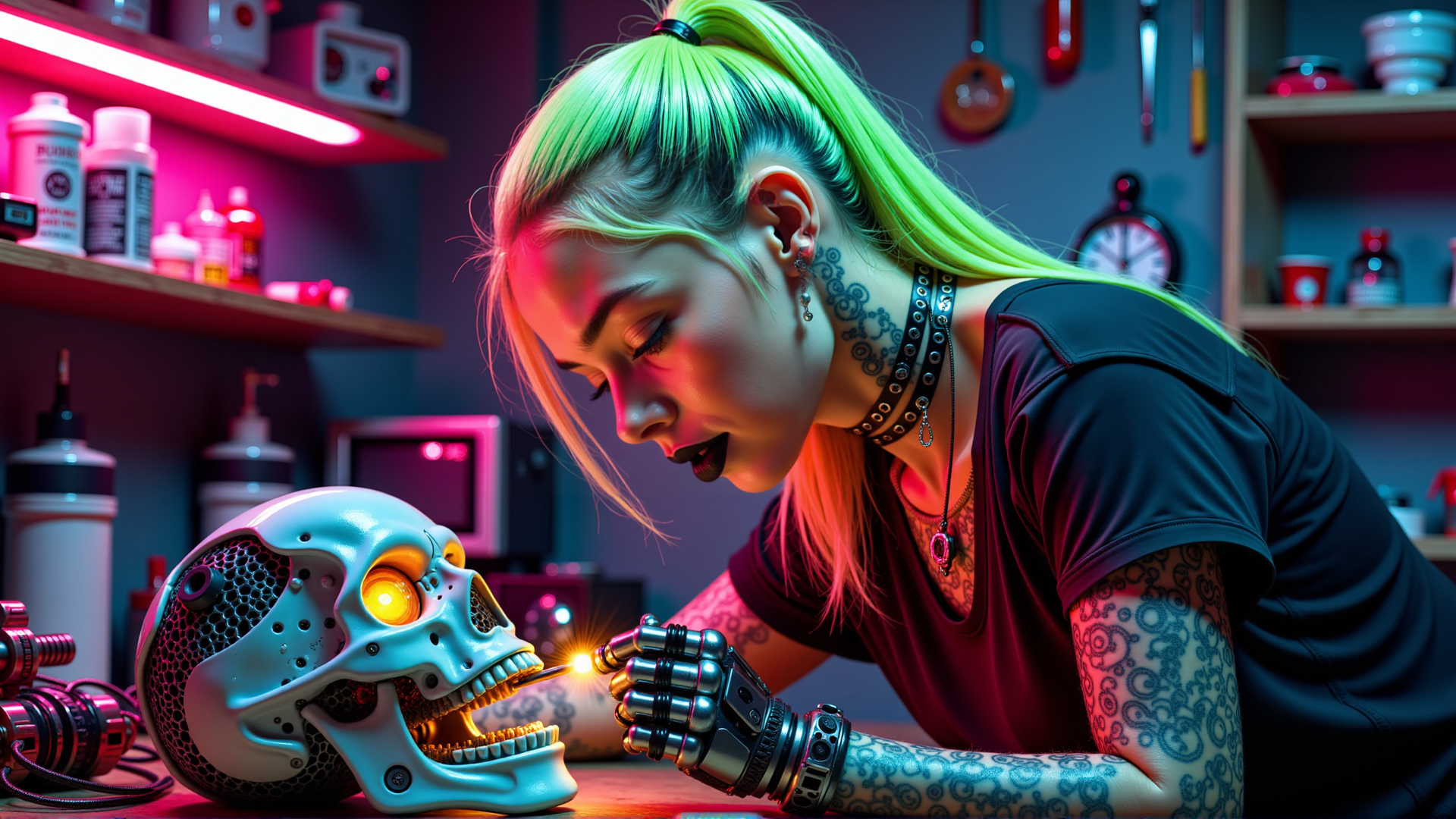 AI generated wallpaper featuring cyborg, skull, artist
