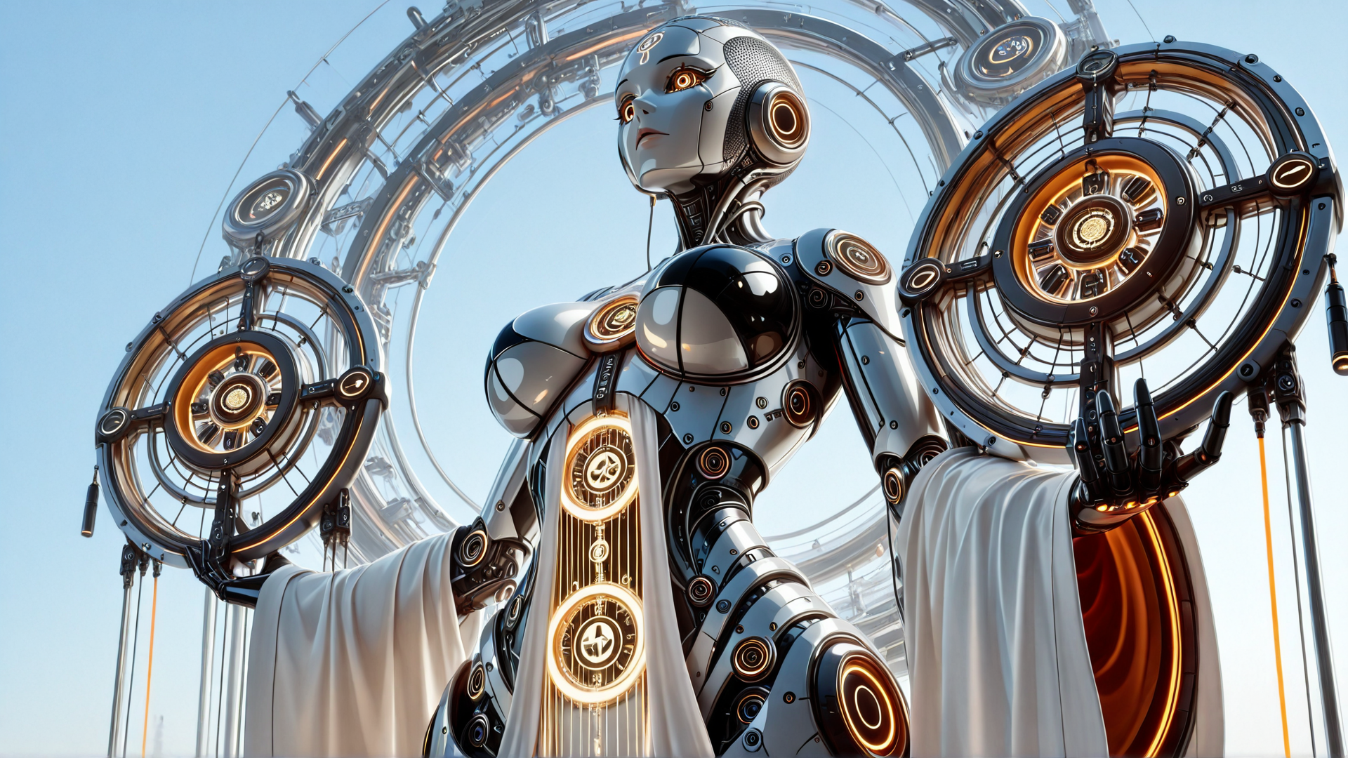 AI generated wallpaper featuring robot, mechanical, structure, circular, gears, clock, sleeves, robotic, arm, circle