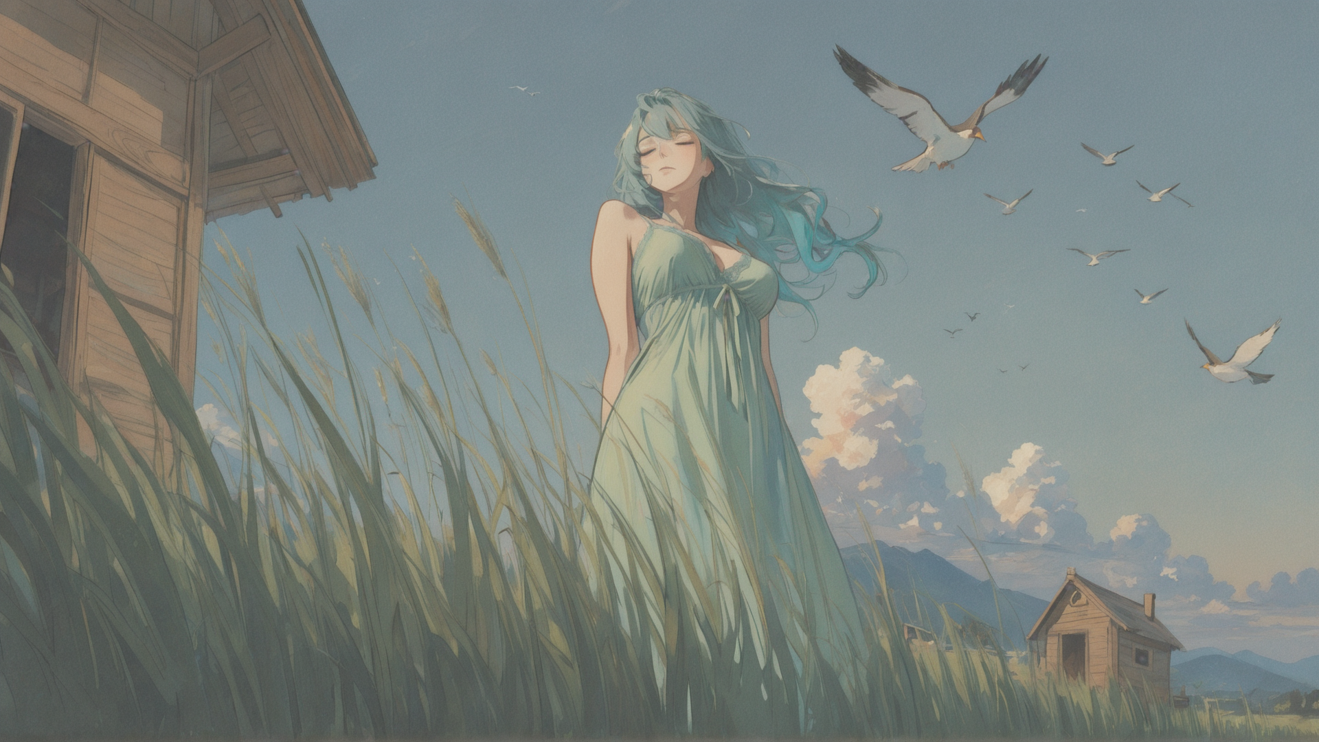 AI generated wallpaper featuring woman, birds, grass, house