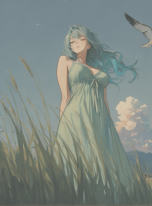 woman, birds, grass, house