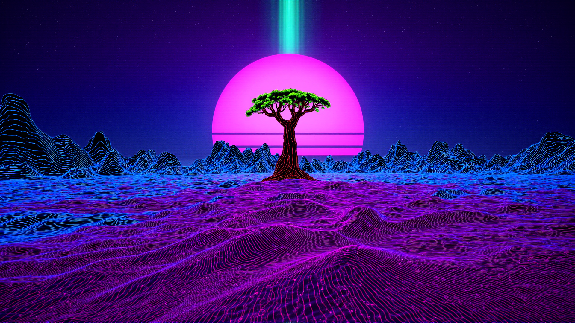 AI generated wallpaper featuring tree, mountains, sun